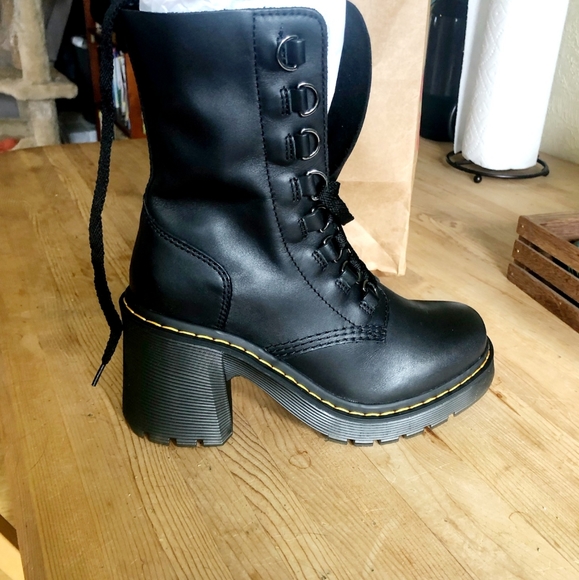 Dr. Martens Shoes - NEVER WORN Dr. Marten's Chesney Leather Flared Heel Lace Up Boots Women's Size 8